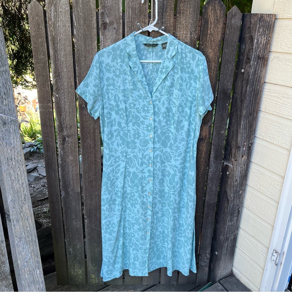 Eddie Bauer Rayon Floral Full Button Down Shirt Dress in Seafoam Sz L